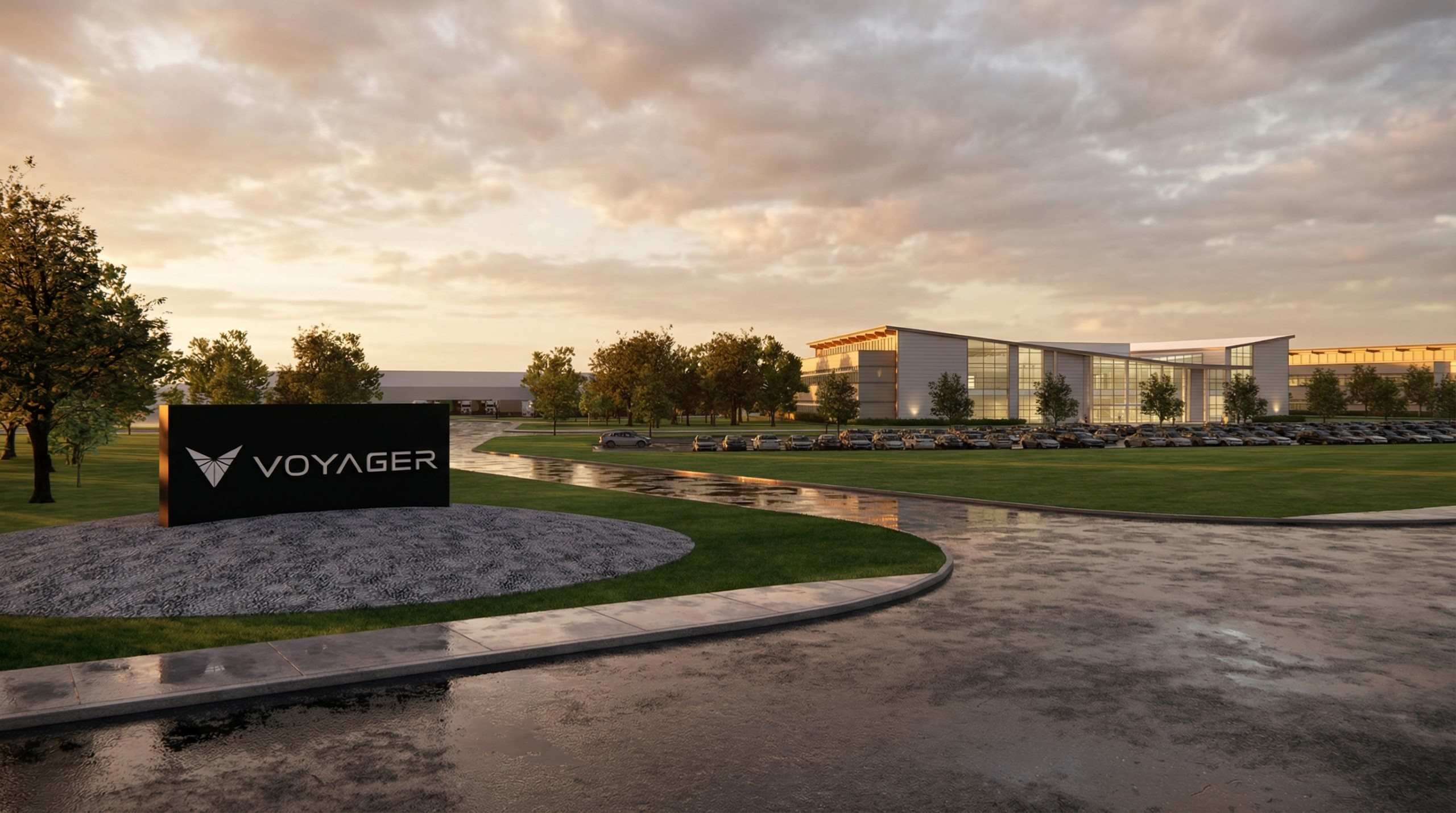 VISTA Space Park campus — Voyager Technologies headquarters with entrance signage at golden hour